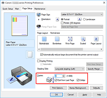 фигура: &bdquo;Copies&rdquo; в раздела &bdquo;Page Setup&rdquo;