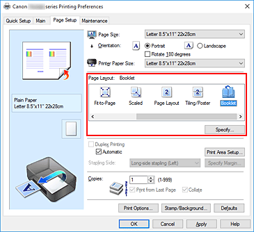 figure:Select Booklet for Page Layout on the Page Setup tab