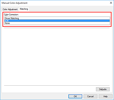 figure:Select ICM for Color Correction in the Manual Color Adjustment dialog box