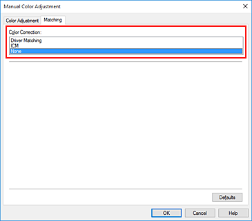 figure:Select None for Color Correction in the Manual Color Adjustment dialog box