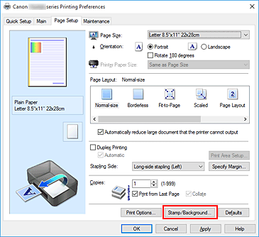 figure:Stamp/Background... on the Page Setup tab