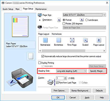 figure:Stapling Side on the Page Setup tab