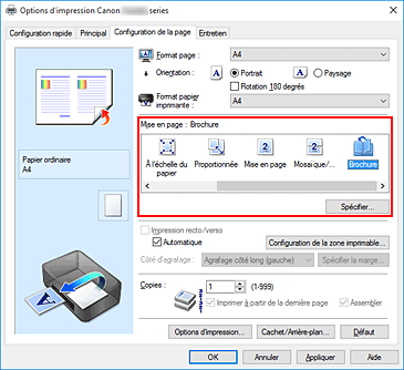 figure&nbsp;: Sélectionnez Brochure comme Mise en page dans l'onglet Configuration de la page.