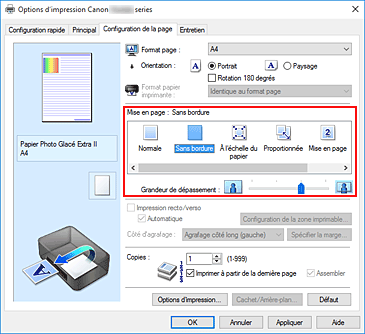 figure&nbsp;: Sélectionnez Sans bordure comme Mise en page dans l'onglet Configuration de la page.