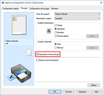 figure&nbsp;: Case à cocher Impression niveau de gris dans l'onglet Principal