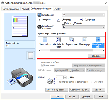 figure&nbsp;: Sélectionnez Mosaïque/Poster comme Mise en page dans l'onglet Configuration de la page.