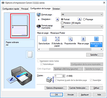 figure&nbsp;: Affichage de l'aperçu des paramètres dans l'onglet Configuration de la page