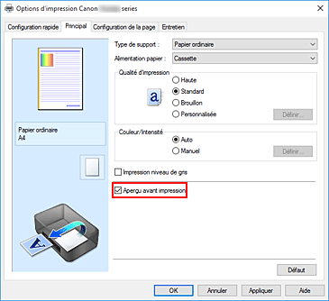 figure&nbsp;: Case à cocher Aperçu avant impression dans l'onglet Principal