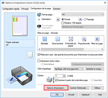 figure&nbsp;: Options d'impression... dans l'onglet Configuration de la page