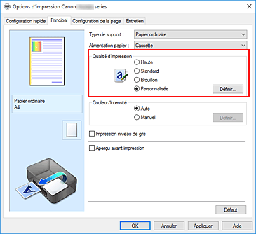 figure&nbsp;: Dans l'onglet Principal, sélectionnez Personnalisée pour Qualité d'impression