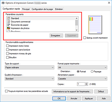 figure&nbsp;: Paramètres courants dans l'onglet Configuration rapide