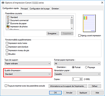 figure&nbsp;: Qualité d'impression dans l'onglet Configuration rapide