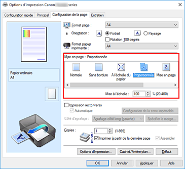 figure&nbsp;: Sélectionnez Proportionnée comme Mise en page dans l'onglet Configuration de la page.