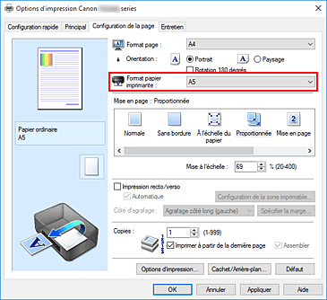 figure&nbsp;: Format papier imprimante dans l'onglet Configuration de la page