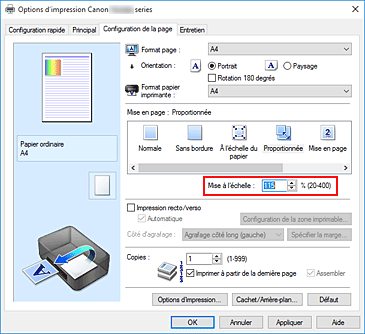 figure&nbsp;: Mise à l'échelle dans l'onglet Configuration de la page