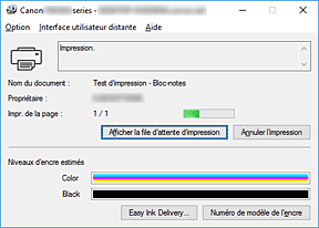 figure&nbsp;: Écran d'état d'imprimante Canon IJ