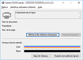 figure&nbsp;: Écran d'état d'imprimante Canon IJ