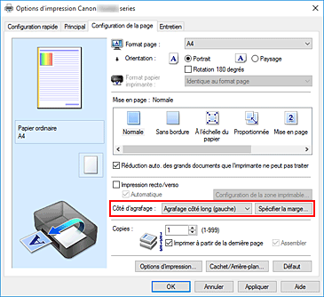 figure&nbsp;: Côté d'agrafage dans l'onglet Configuration de la page