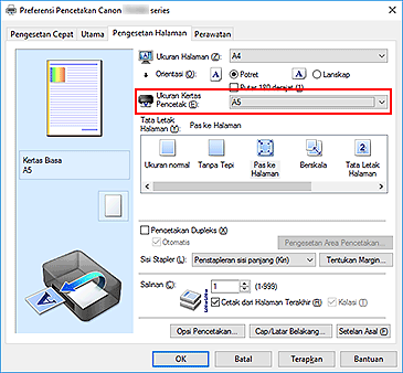 gambar: Ukuran Kertas Pencetak pada tab Pengesetan Halaman