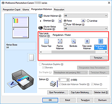 gambar: Pilih Pengubinan/Poster untuk Tata Letak Halaman pada tab Pengesetan Halaman