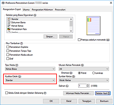 gambar: Kualitas Cetak pada tab Pengesetan Cepat