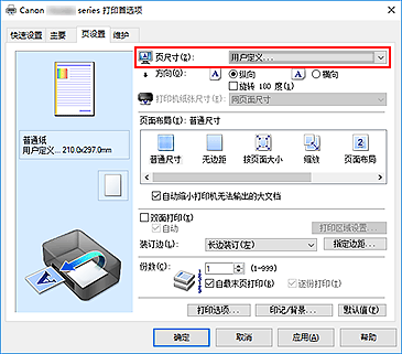 插图：在“页设置”选项卡上的“页尺寸”中选择“用户定义”