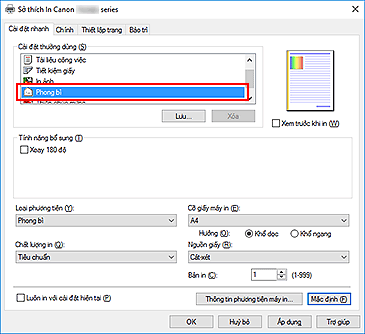 hình: Chọn Phong bì từ Cài đặt thường dùng trên tab Cài đặt nhanh
