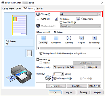 hình: Cỡ trang trên tab Thiết lập trang