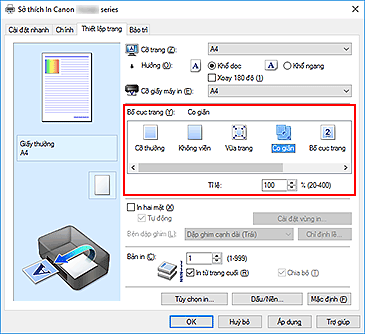 hình: Chọn Co giãn cho Bố cục trang trên tab Thiết lập trang