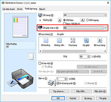 hình: Cỡ giấy máy in trên tab Thiết lập trang
