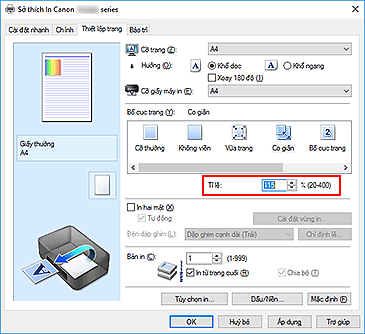 hình: Tỉ lệ trên tab Thiết lập trang