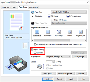 figure:Duplex Printing check box on the Page Setup tab