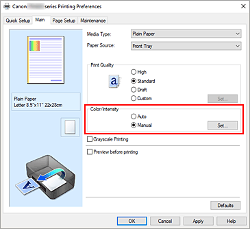 kuva:Valitse Päävalikko-välilehdessä Väri/Voimakkuus-asetukseksi Manuaalinen