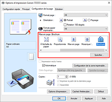 figure : Sélectionnez Brochure comme Mise en page dans l'onglet Configuration de la page.