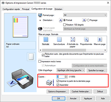 figure : Copies dans l'onglet Configuration de la page