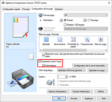 figure : Case à cocher Impression recto/verso dans l'onglet Configuration de la page