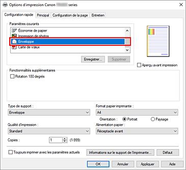 figure : Sélectionnez Enveloppe dans Paramètres courants dans l'onglet Configuration rapide.