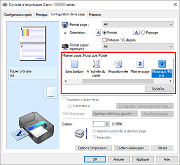 figure : Sélectionnez Mosaïque/Poster comme Mise en page dans l'onglet Configuration de la page.