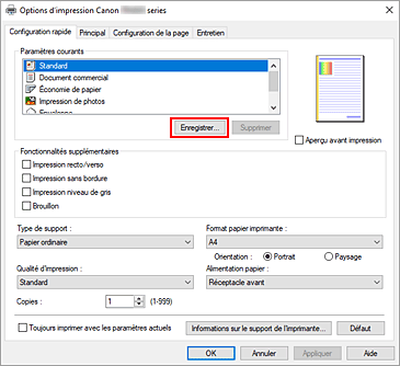 figure : Enregistrer... dans l'onglet Configuration rapide