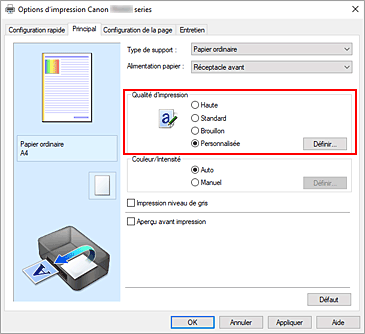 figure : Dans l'onglet Principal, sélectionnez Personnalisée pour Qualité d'impression