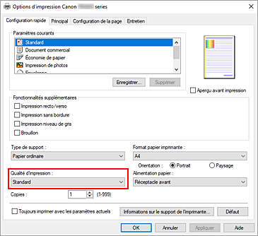 figure : Qualité d'impression dans l'onglet Configuration rapide