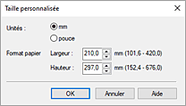 figure : Boîte de dialogue Taille personnalisée