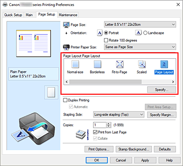 hình: Chọn Bố cục trang cho Bố cục trang trên tab Thiết lập trang