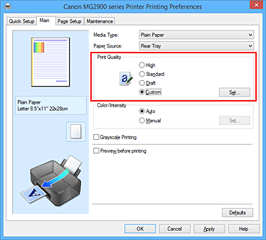 εικόνα:Επιλογή Προσαρμογή για τη ρύθμιση Ποιότητα εκτύπωσης στην καρτέλα Κύριες ρυθμίσεις