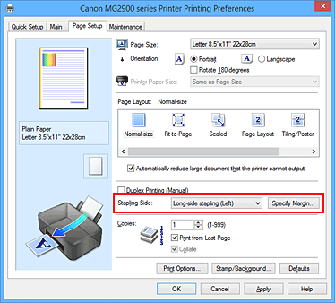 Imagen: Lado de grapado en la ficha Configurar página