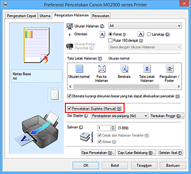 gambar: Kotak centang Pencetakan Dupleks (Manual) pada tab Pengesetan Halaman
