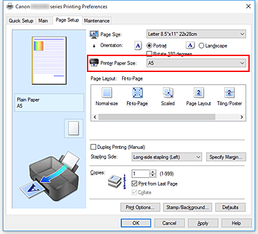 figure:Printer Paper Size on the Page Setup tab