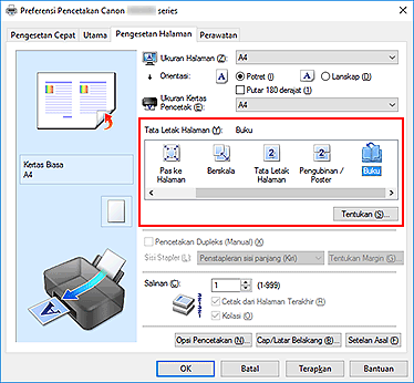 gambar: Pilih Buku untuk Tata Letak Halaman pada tab Pengesetan Halaman