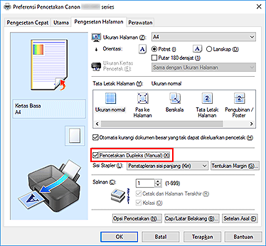 gambar: Kotak centang Pencetakan Dupleks (Manual) pada tab Pengesetan Halaman