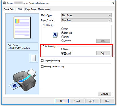 figure:Select Manual for Color/Intensity on the Main tab